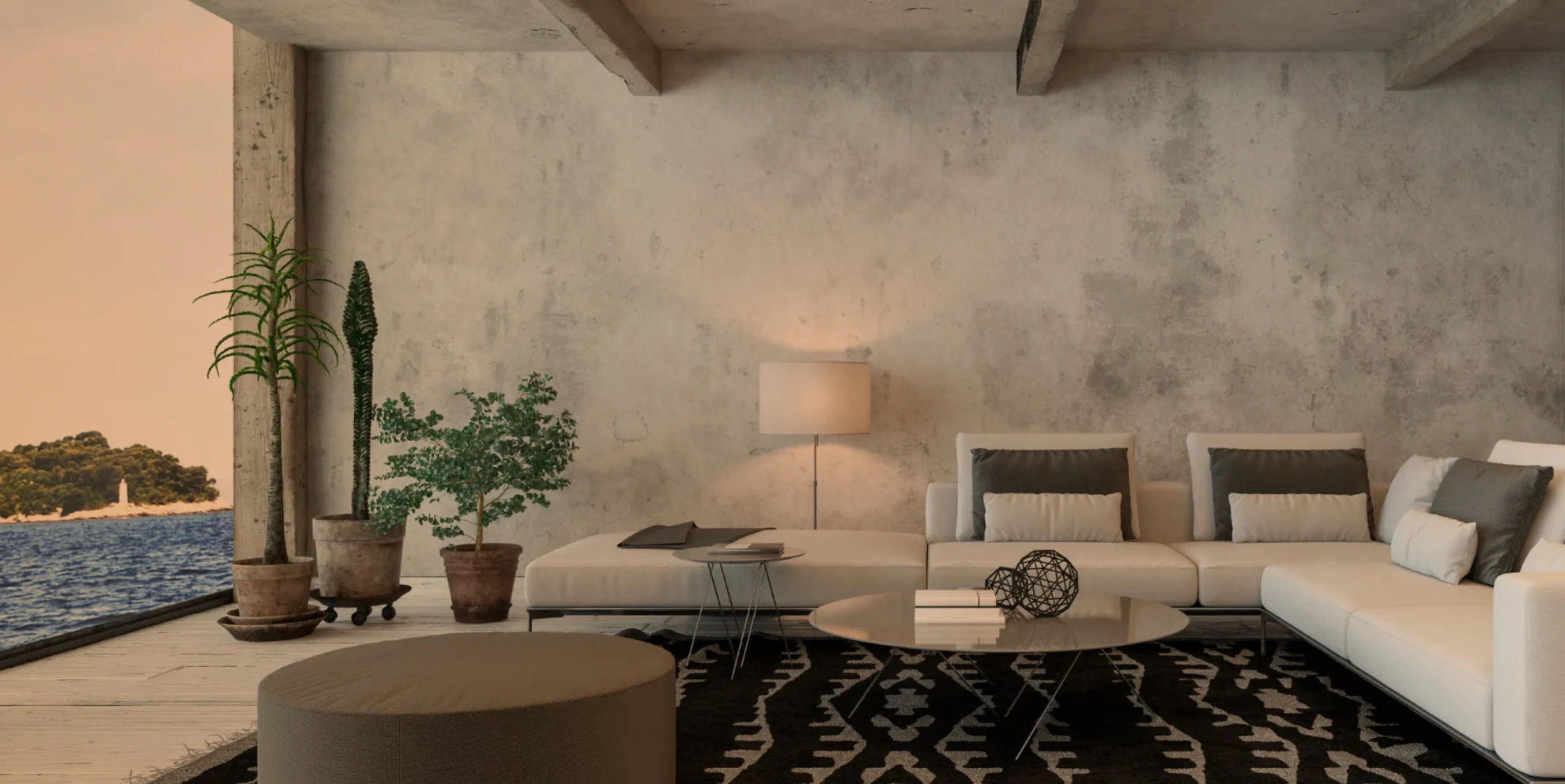 luxury living room with concrete wall